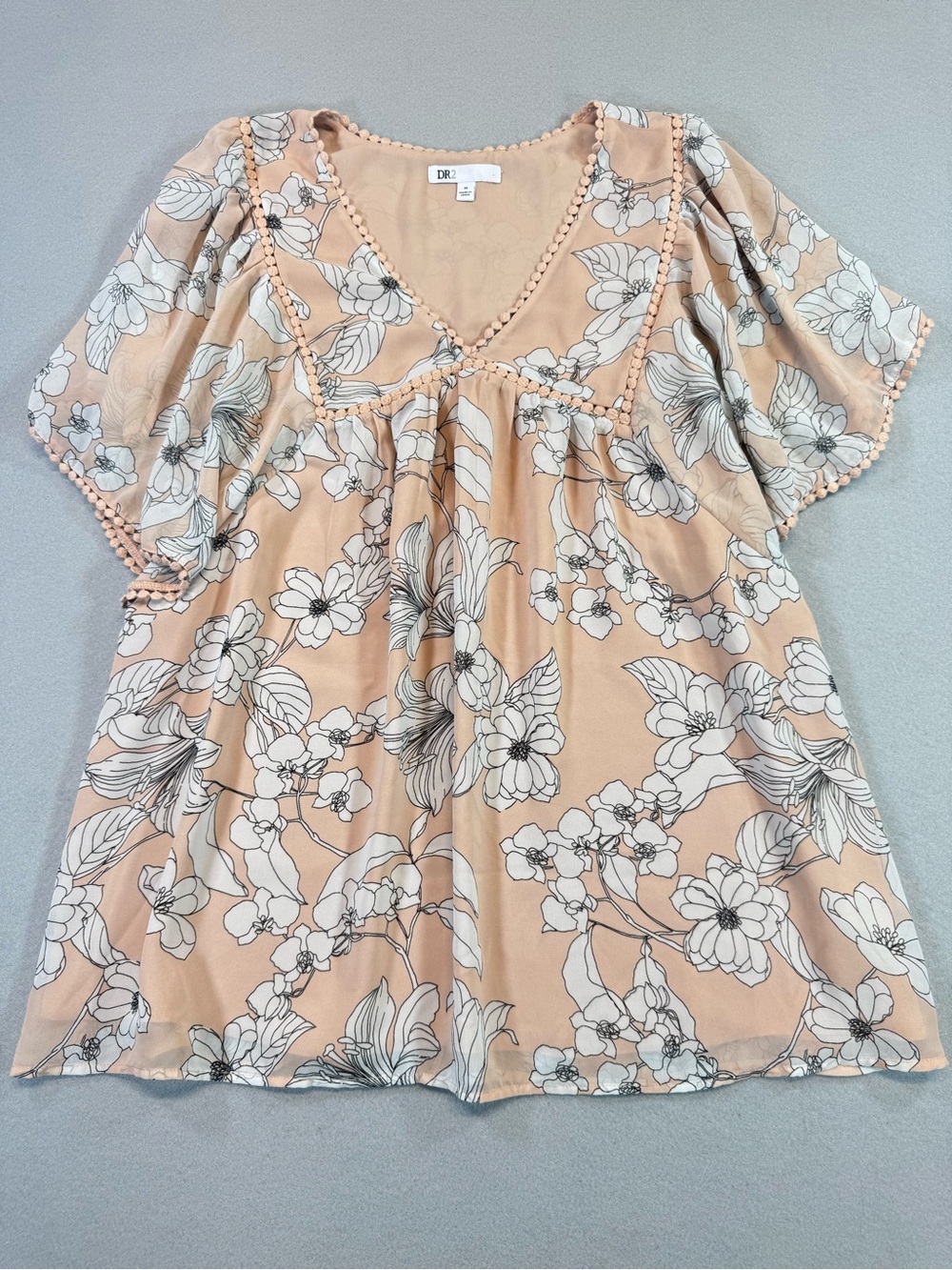 DR2 Blush Pink Floral V-Neck Flutter Sleeve Top
